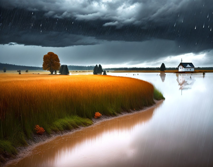 Tranquil landscape with white church, reflective water, fields, trees, and stormy sky