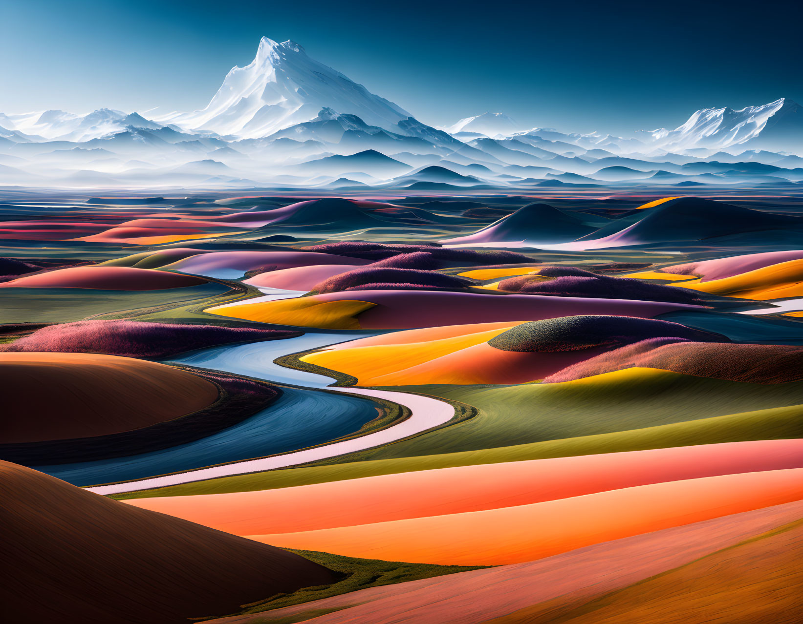 Colorful Rolling Hills, Winding River, Snowy Peaks in Vibrant Landscape