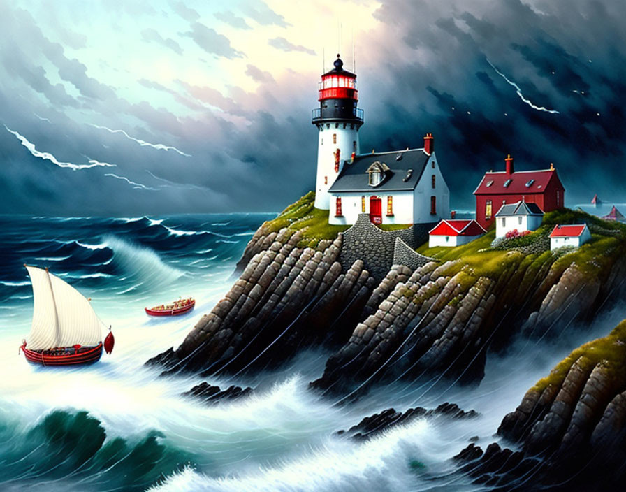 Stormy seascape with lighthouse, red-roofed building, and boats on rugged coastline