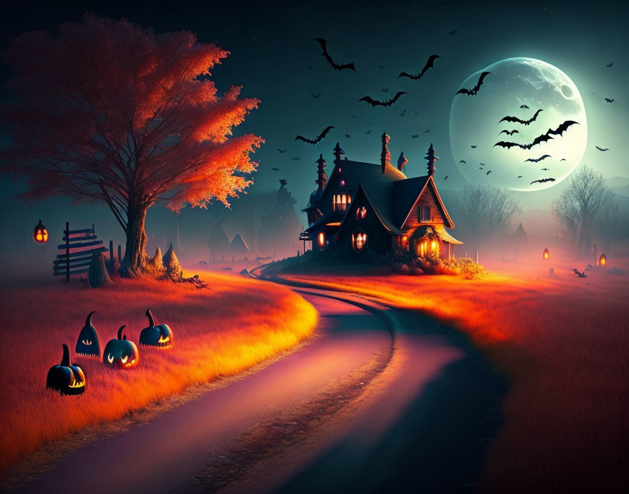 Spooky Halloween scene with jack-o'-lanterns, haunted house, bats, full moon,