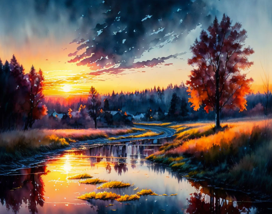 Colorful sunset painting with river, autumn trees, and birds.