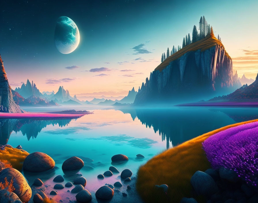 Vibrant surreal landscape with moon, cliffs, lake, and purple flora