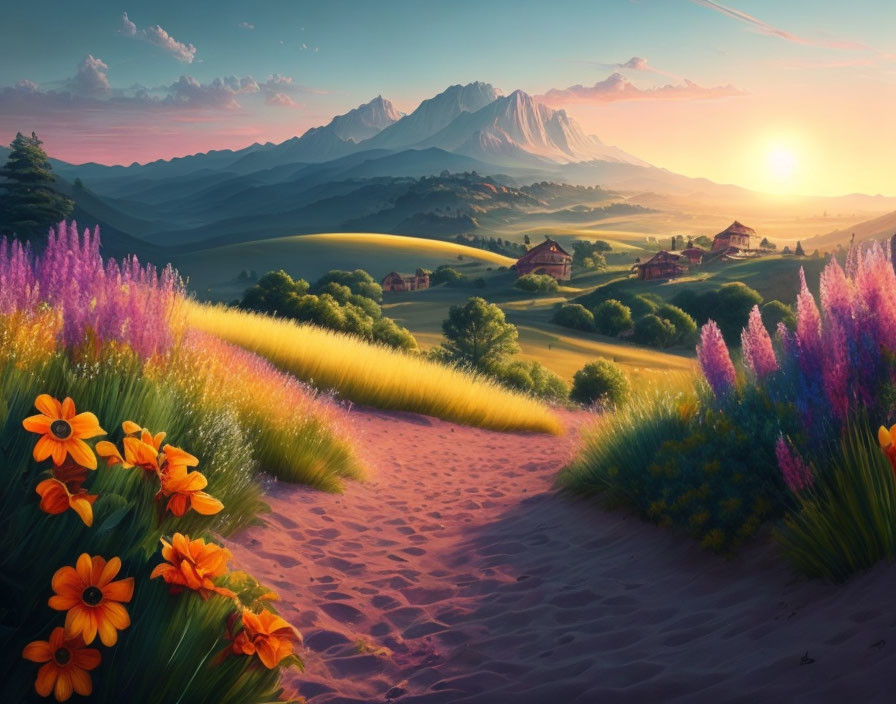 Vibrant flowers, rolling hills, rural houses, and mountains under a sunset sky