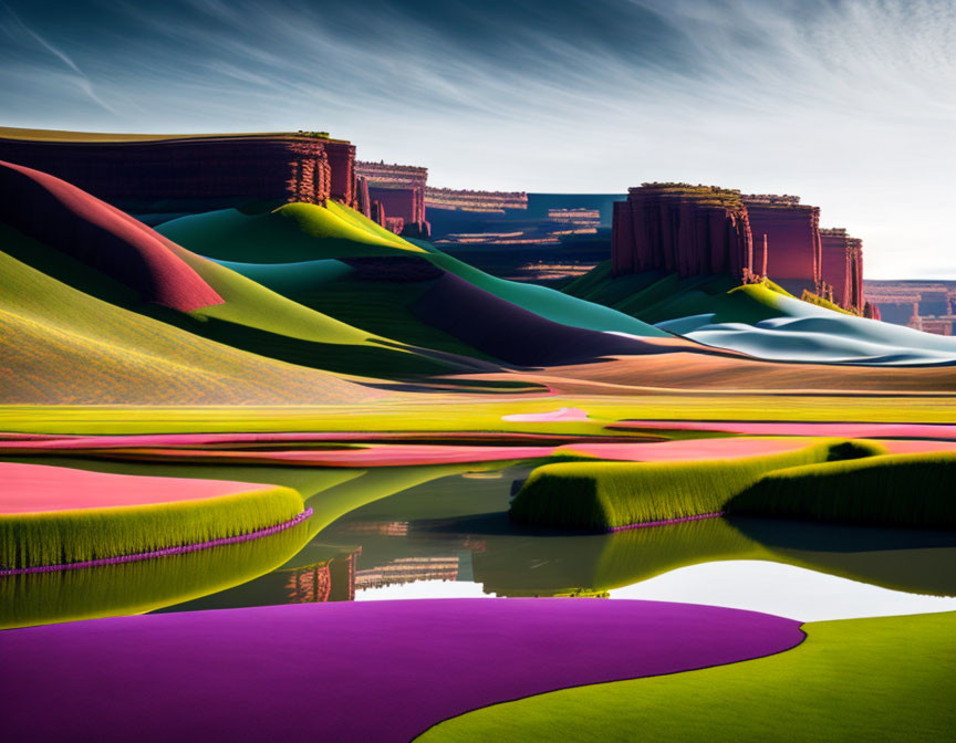 Vibrant surreal hues transform landscape with sand dunes and reflective water