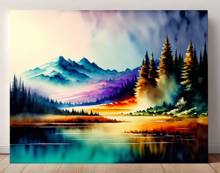 Mountainous Landscape Watercolor Painting with Reflective Lake