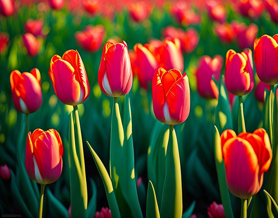 Lush Red Tulip Field in Sunlight