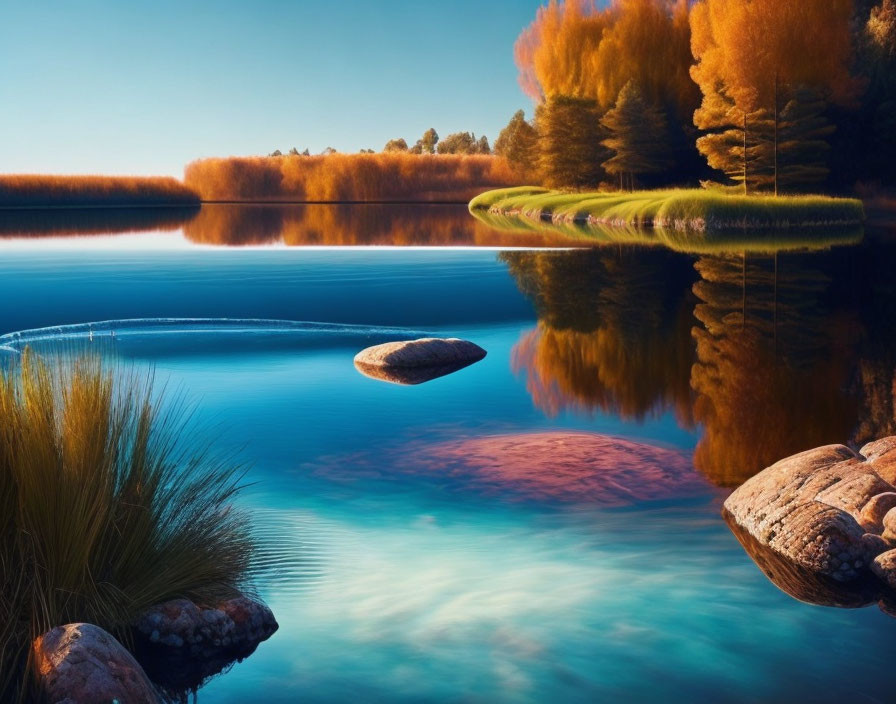 Tranquil lake scene with autumn trees, clear sky, and rippling rocks