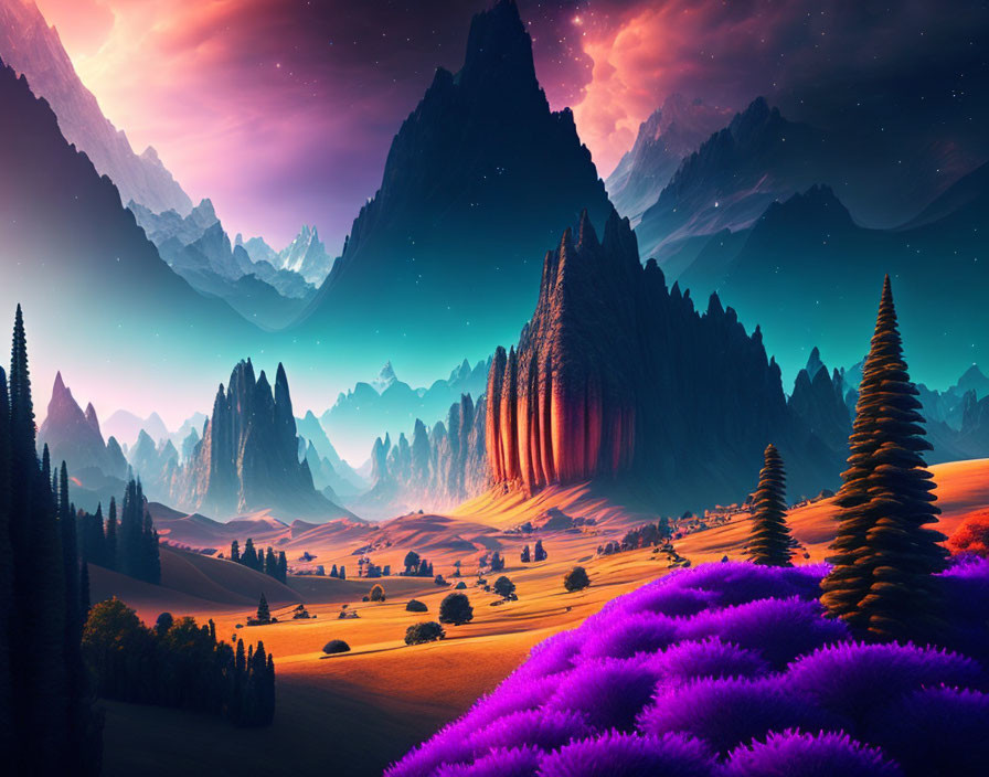 Majestic mountains and purple fields in surreal landscape