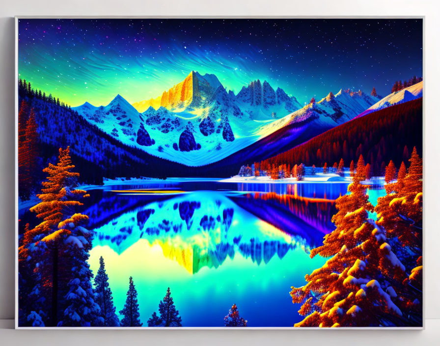 Scenic landscape with starry skies, aurora borealis, mountains, autumn forest, and reflecting