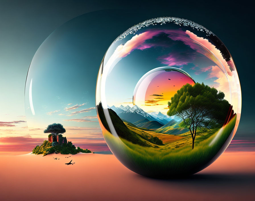 Colorful surreal landscape with mountains, tree, birds in transparent sphere at sunset