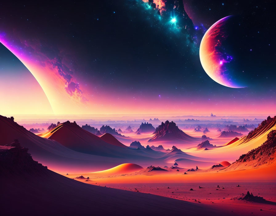 Purple skies, ringed planet, and desert dunes in sci-fi landscape