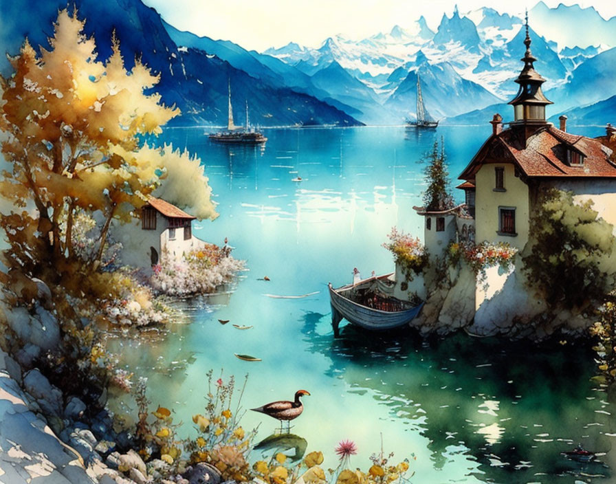 Serene lake landscape with boats, autumn trees, mountains, and a duck