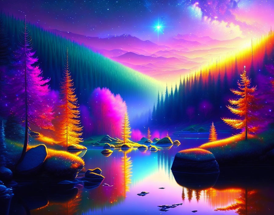 Fantasy landscape digital artwork with neon-lit trees and celestial elements