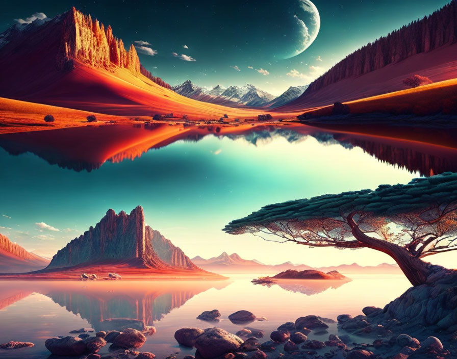 Tranquil landscape with reflective lake, mountains, moon, and solitary tree