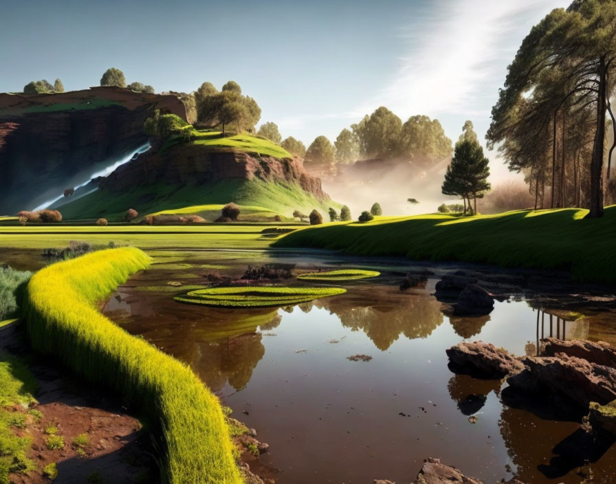 Tranquil pond surrounded by lush green hills and trees