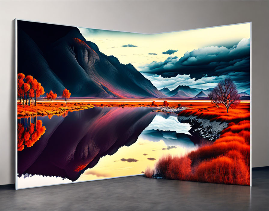 Curved Panoramic Display of Vibrant Surreal Landscape