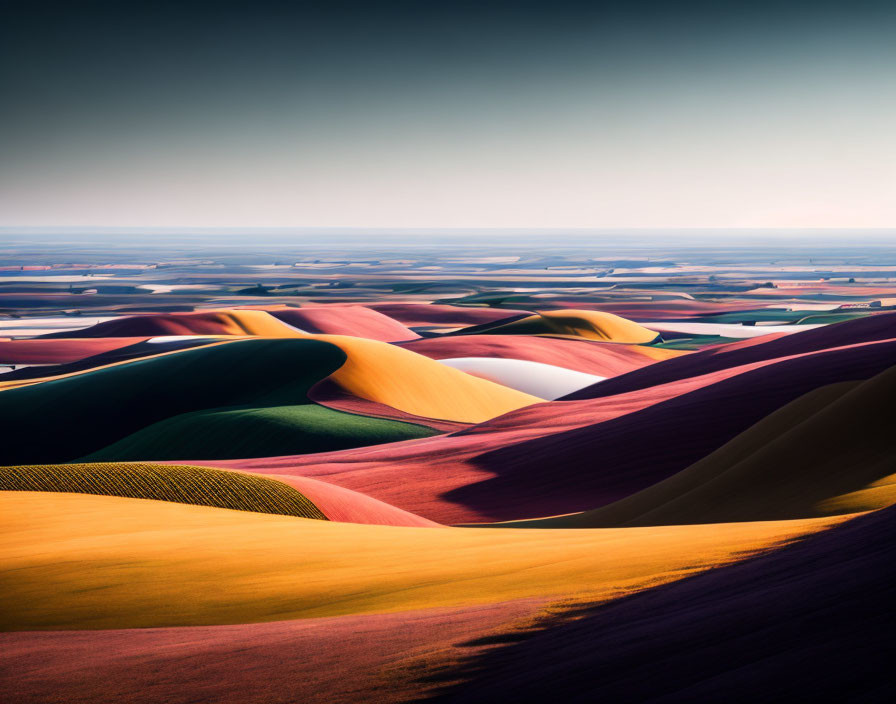 Scenic aerial view of colorful patterned agricultural fields