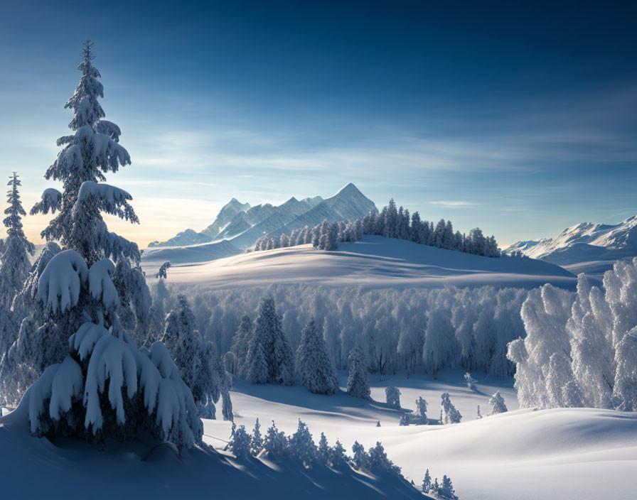 Winter Scene: Snowy Landscape with Fir Trees and Mountain Peaks