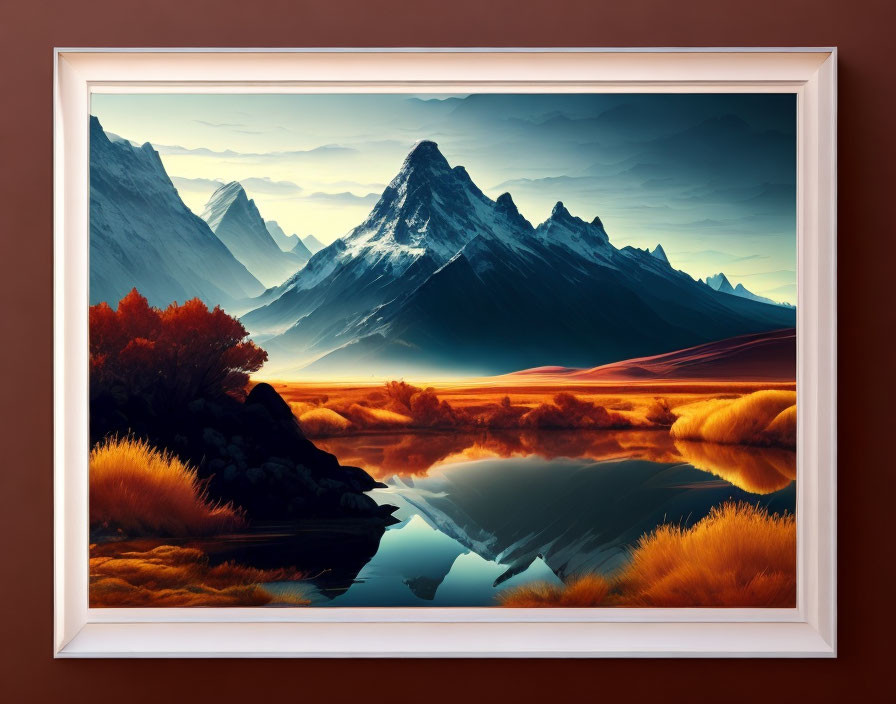 Framed Digital Artwork: Autumn Mountain Landscape with Lake