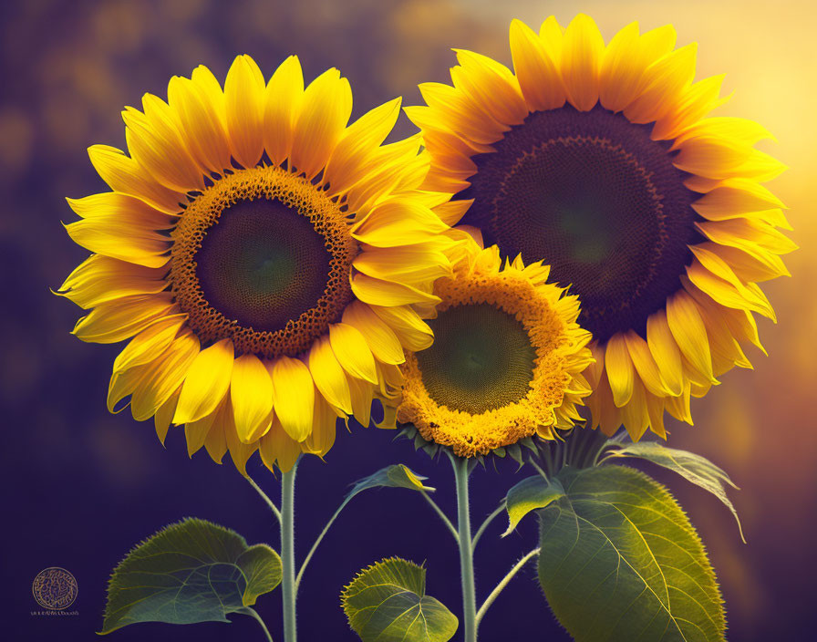 Vibrant sunflowers with yellow petals and brown centers on warm background.