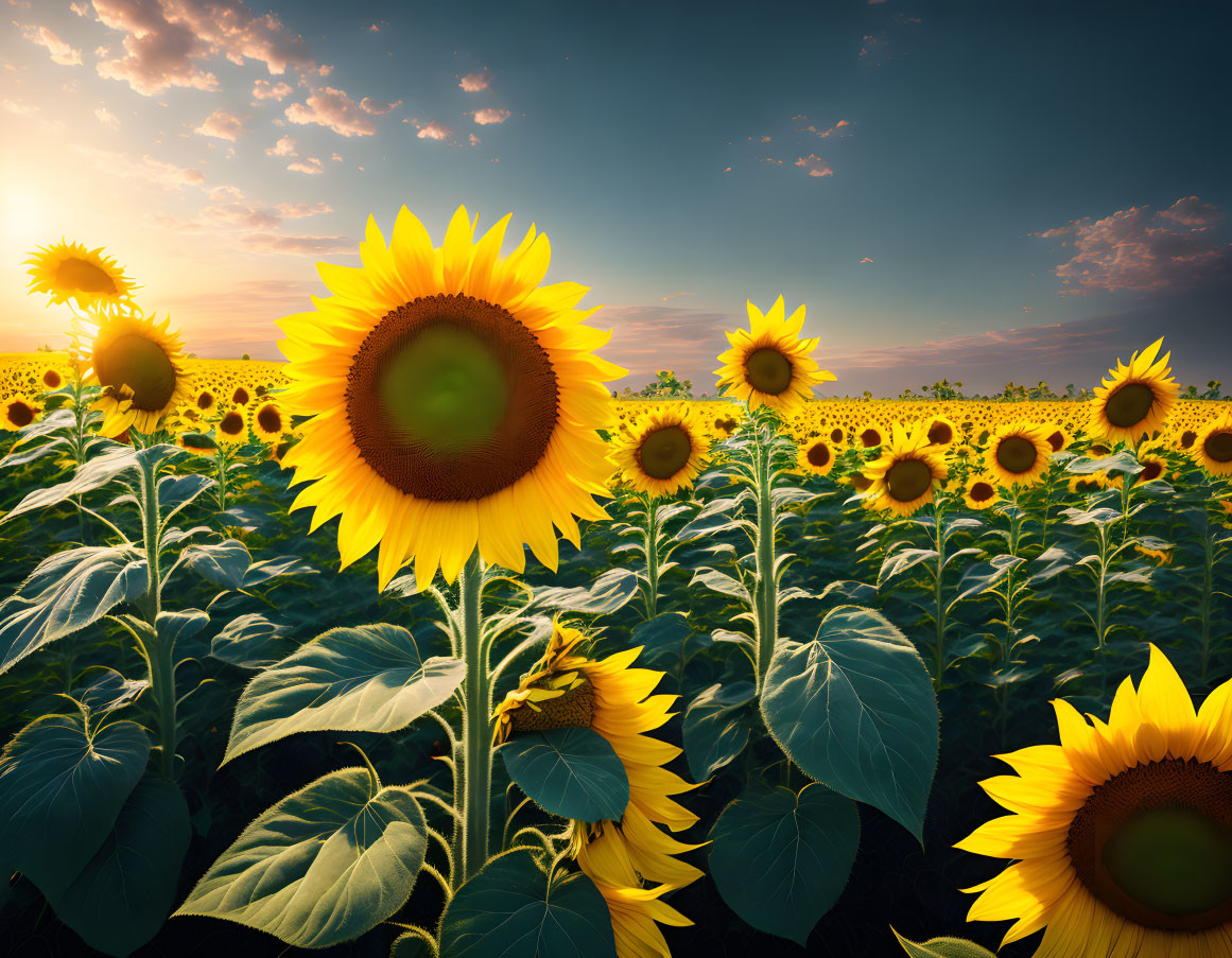 Sunflower field at sunset with large sunflower and warm sun rays