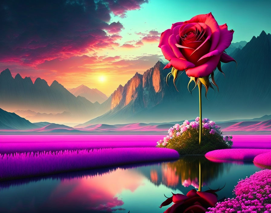 Surreal landscape with giant rose, serene lake, blooming bushes, and mountain peaks