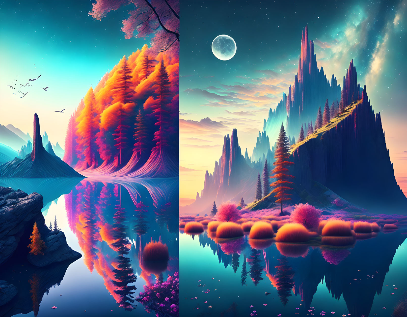 Split-view image of vibrant magical landscape with colorful trees, rock spires, calm waters, and star