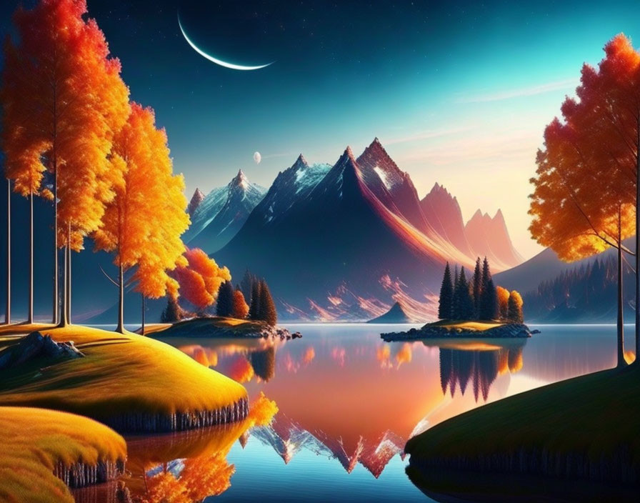 Tranquil digital artwork: Lake at dusk with orange trees, mountains, crescent moon