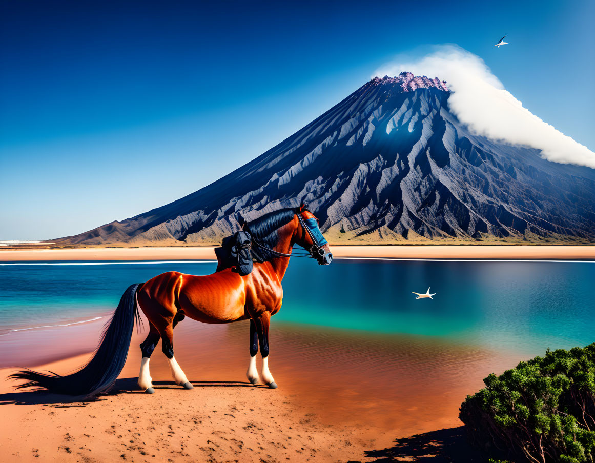 Horse on sandy shore by turquoise lake with volcano in background