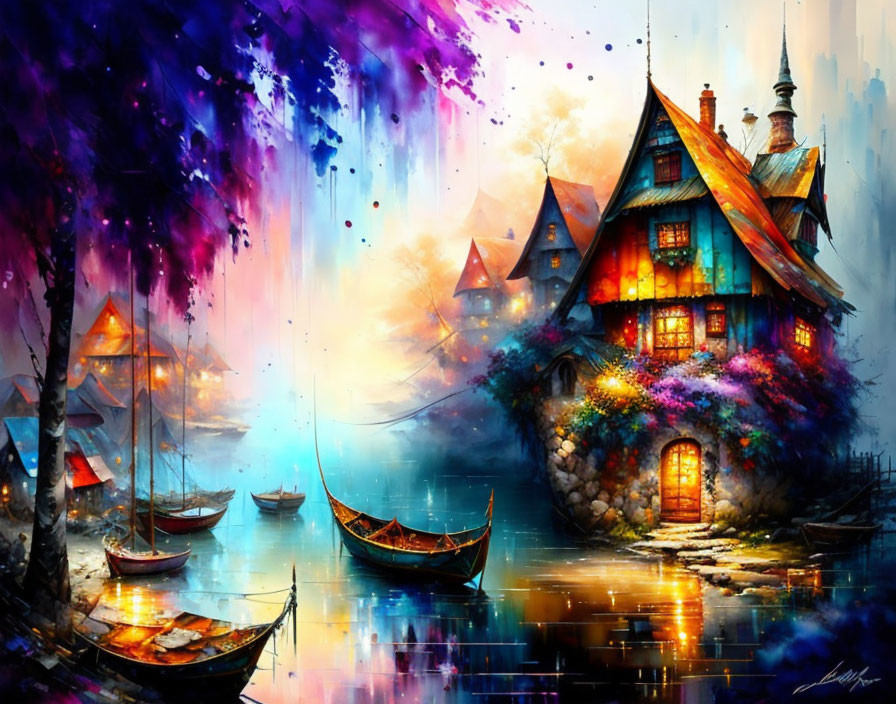 Fantasy painting: Whimsical cottage by serene lake