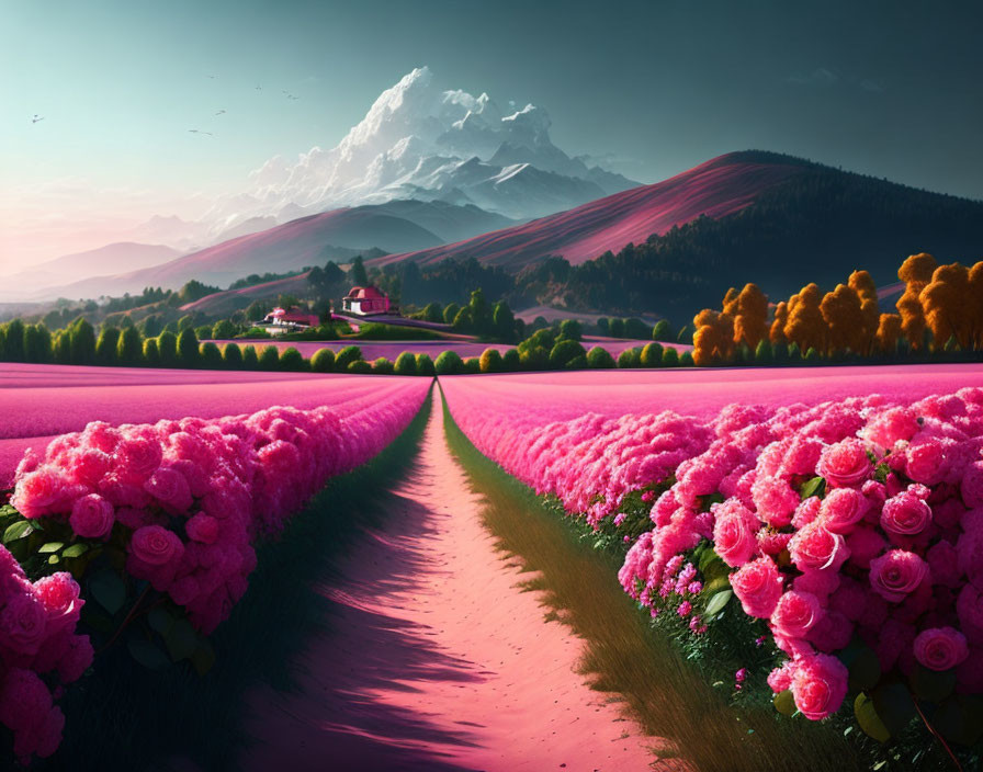 Scenic landscape with pink rose fields, house, mountains, and pink sky