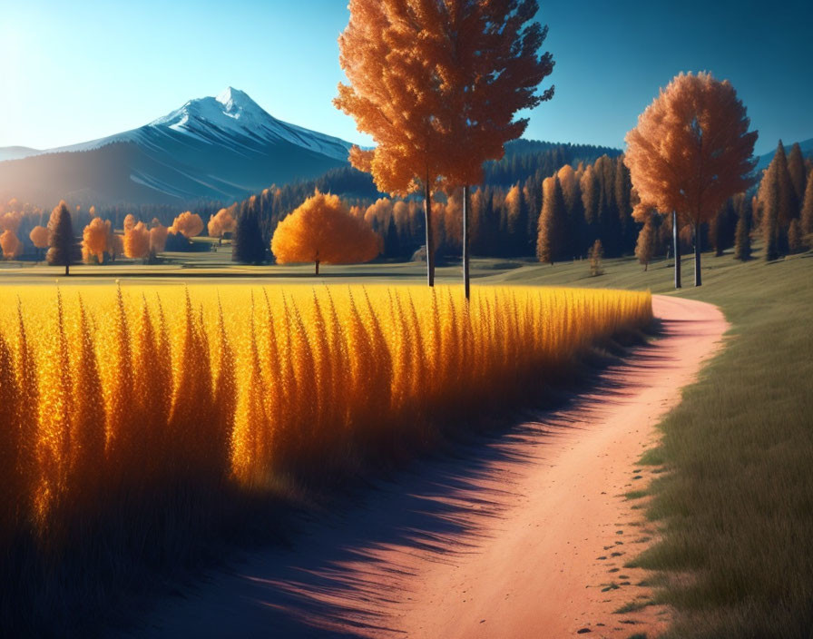 Golden Foliage Trees in Autumn Landscape with Winding Path and Distant Mountain