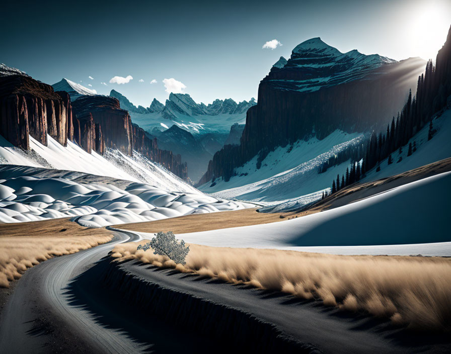 Scenic image of winding road amid snow-capped mountains, dark cliffs, and textured dunes under