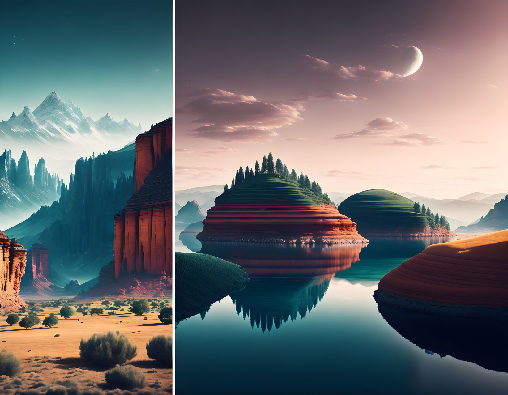 Split View: Desert Canyon & Tranquil Lake Landscape