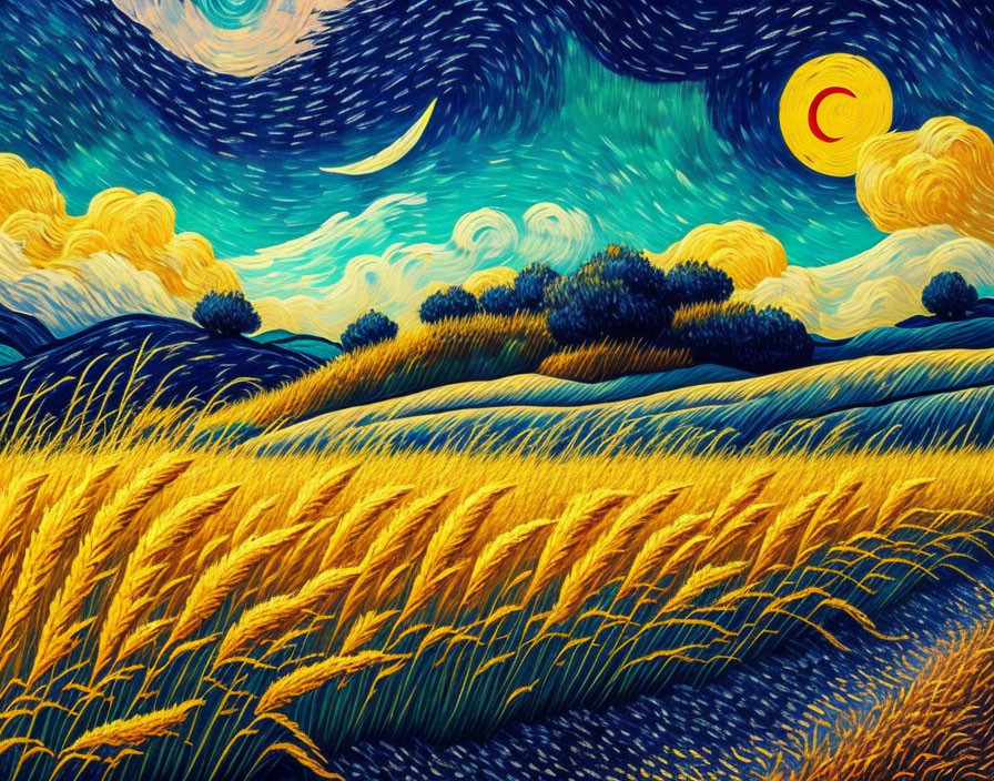 Vibrant starry night scene with swirling clouds and crescent moon