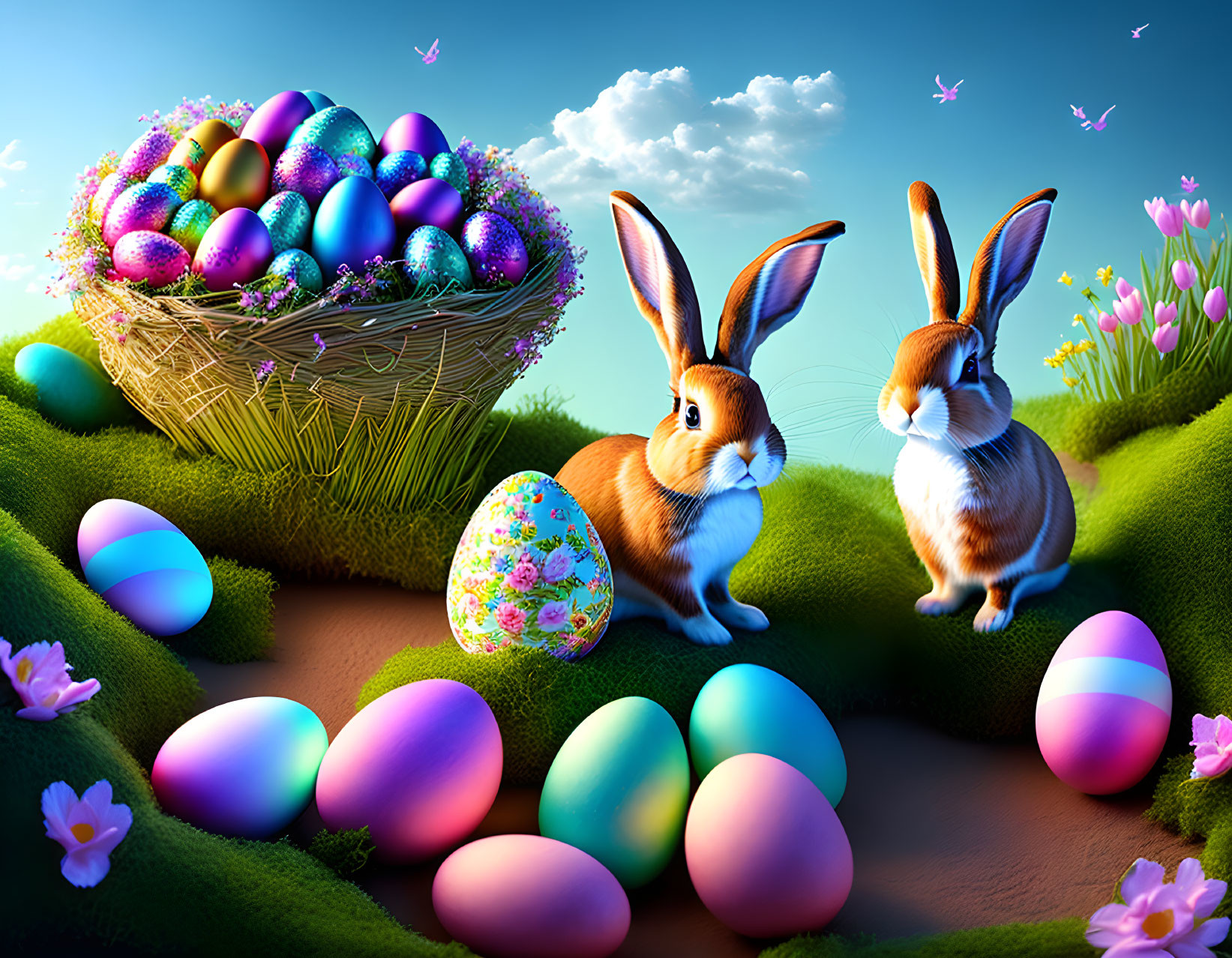 Rabbits, Easter eggs, and butterflies on grassy field