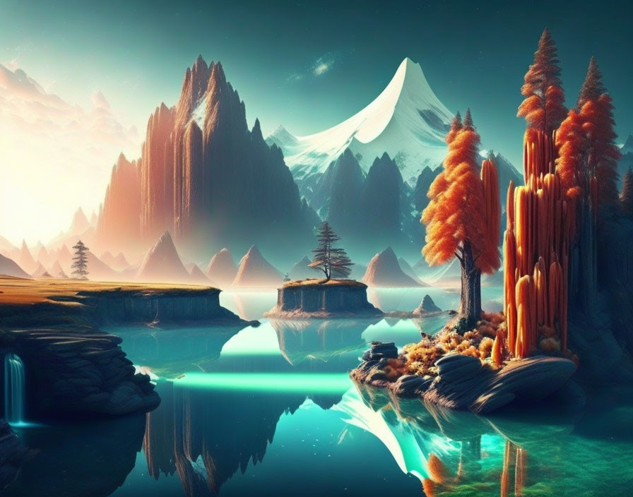 Fantastical landscape with orange foliage, turquoise waters, snow-capped peaks