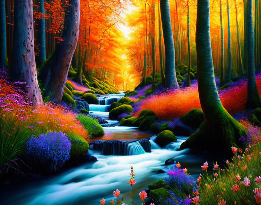 Lush forest scene with stream, rocks, wildflowers, and autumn trees at sunset