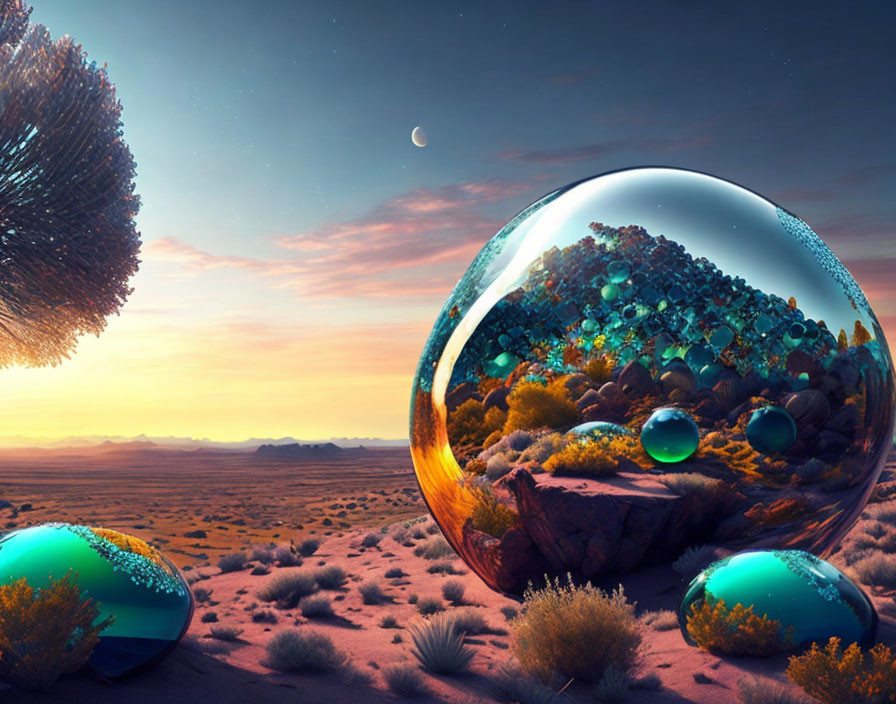 Surreal desert landscape with vibrant blue spheres and fantastical foliage