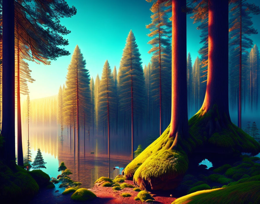 Tranquil Sunrise Scene: Forest, Lake, Moss