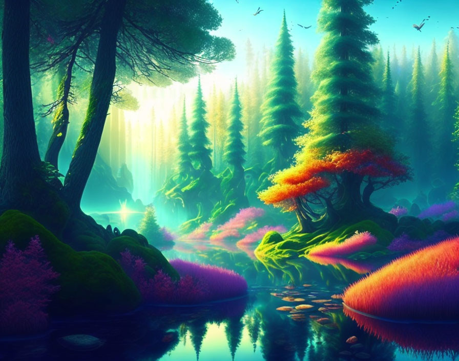 Mystical forest with lush trees, colorful foliage, serene lake.