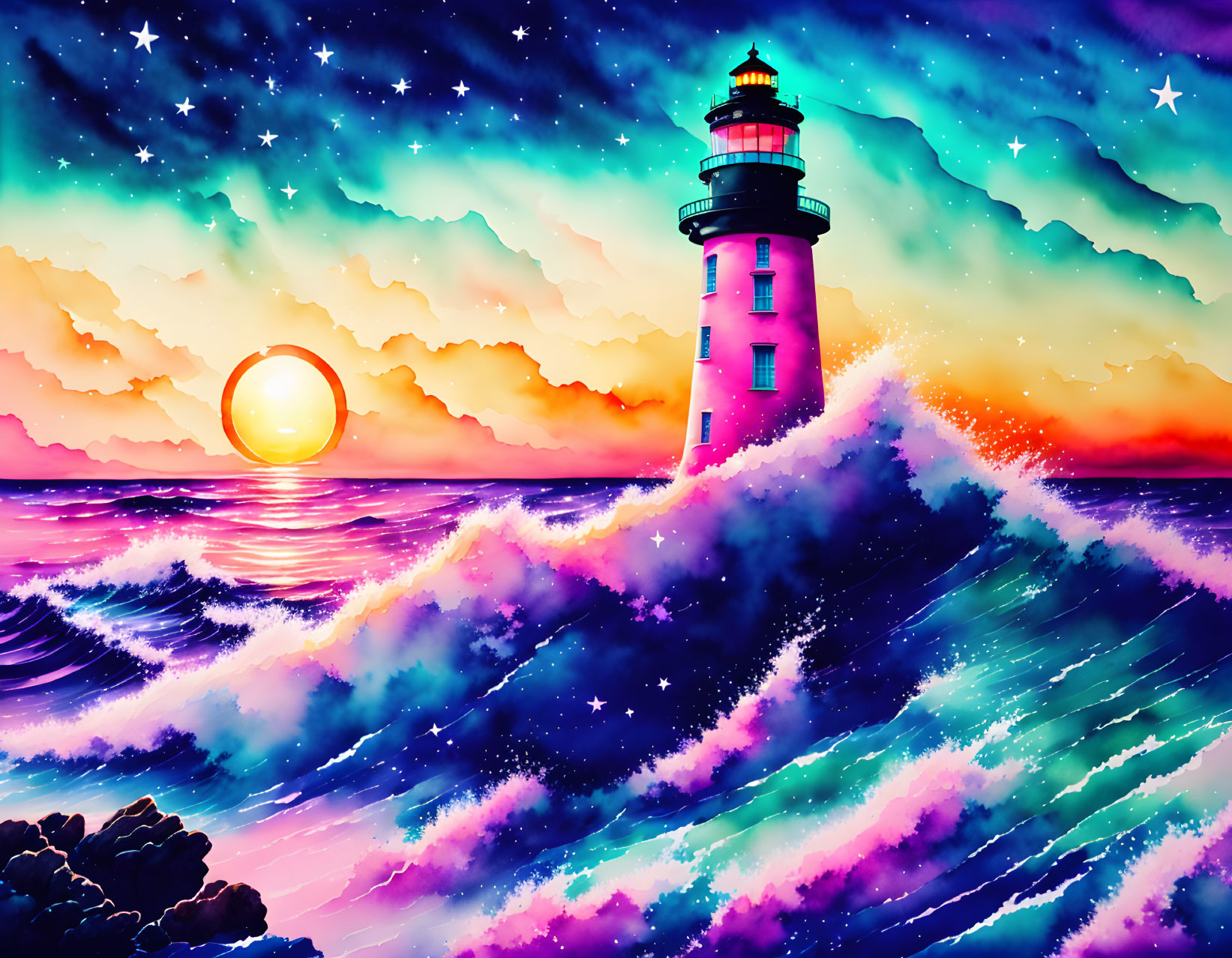 Colorful digital artwork: lighthouse on rocky coast with stylized waves, sunset, starry sky