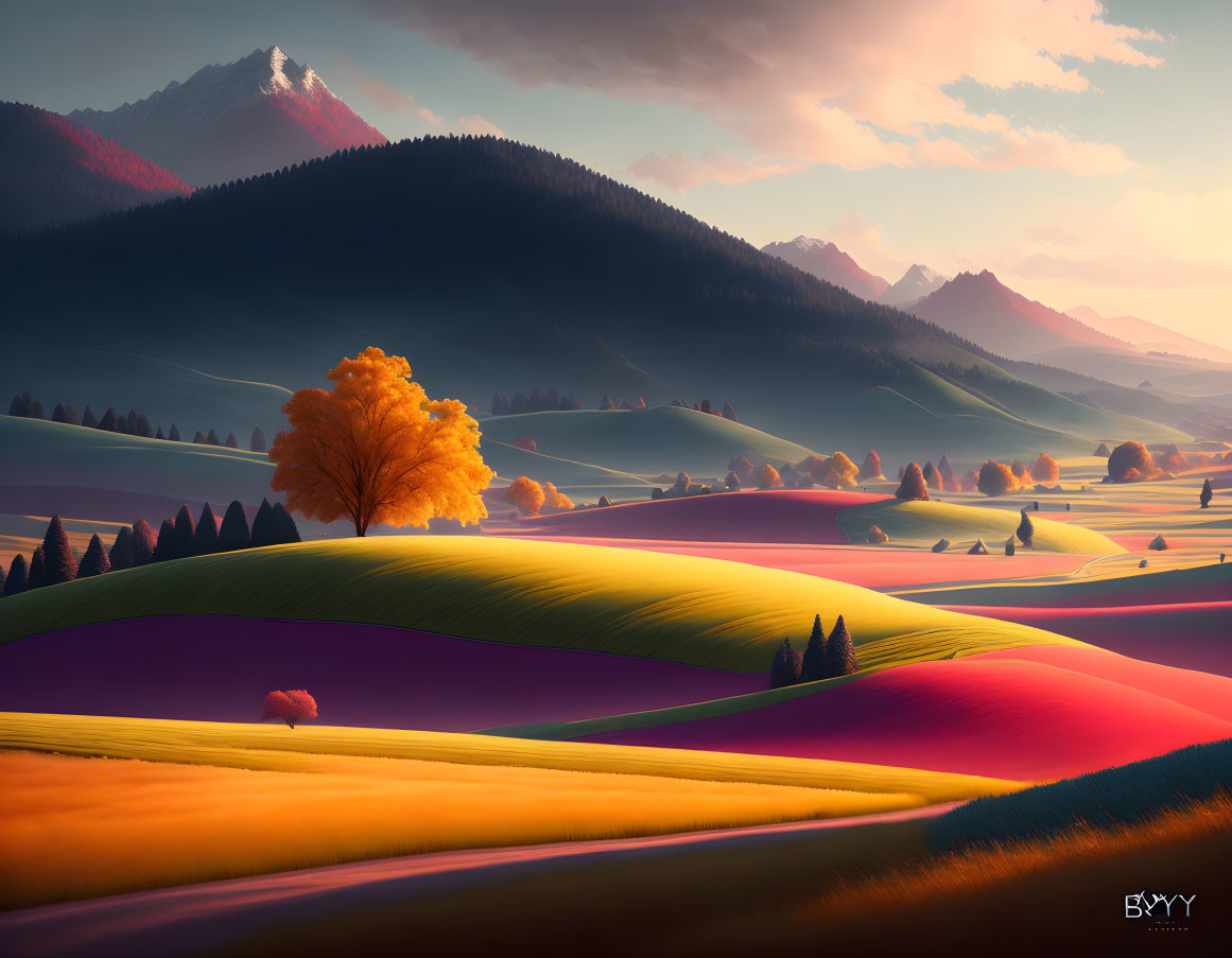 Colorful hills, orange tree, mountains under sunset sky