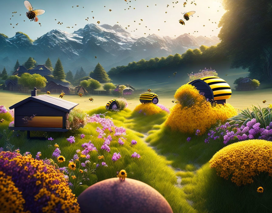 Colorful Fantasy Landscape with Oversized Bees and Mountains