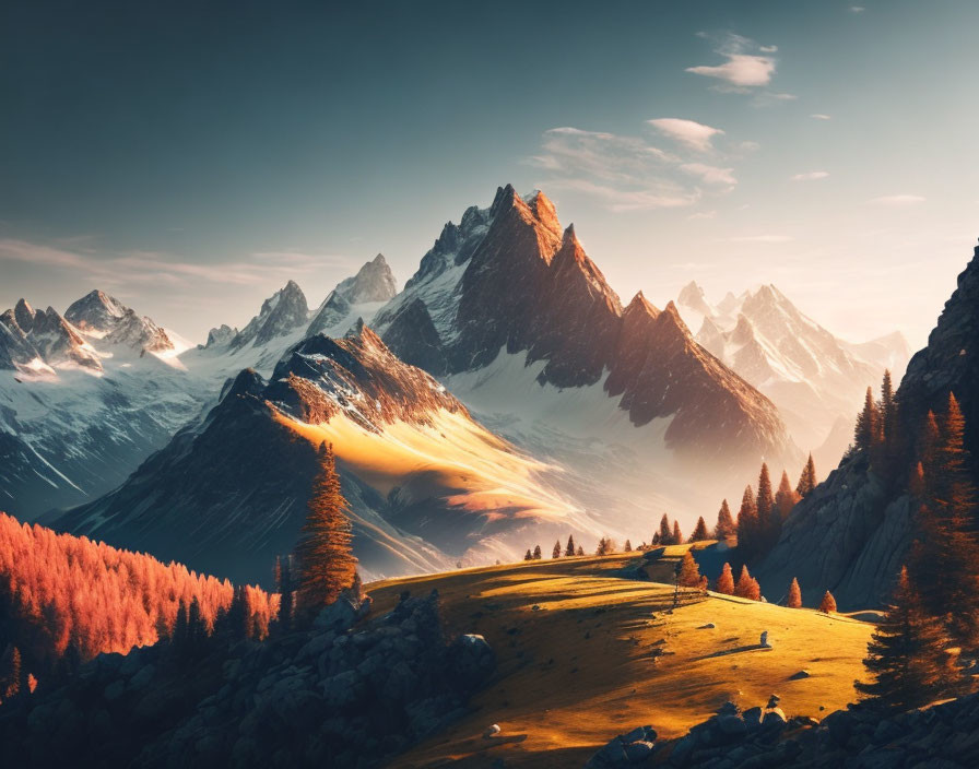 Sunset over Alpine Landscape with Sharp Mountain Peaks and Autumn Forest