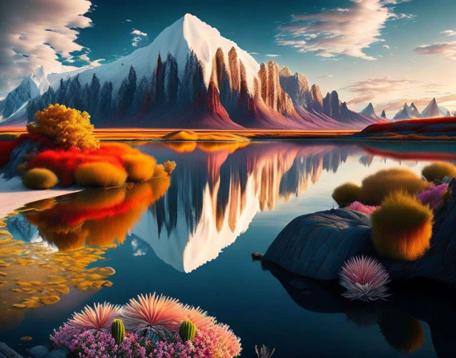 Surreal landscape with vibrant flora, calm lake, snow-capped mountains at sunset