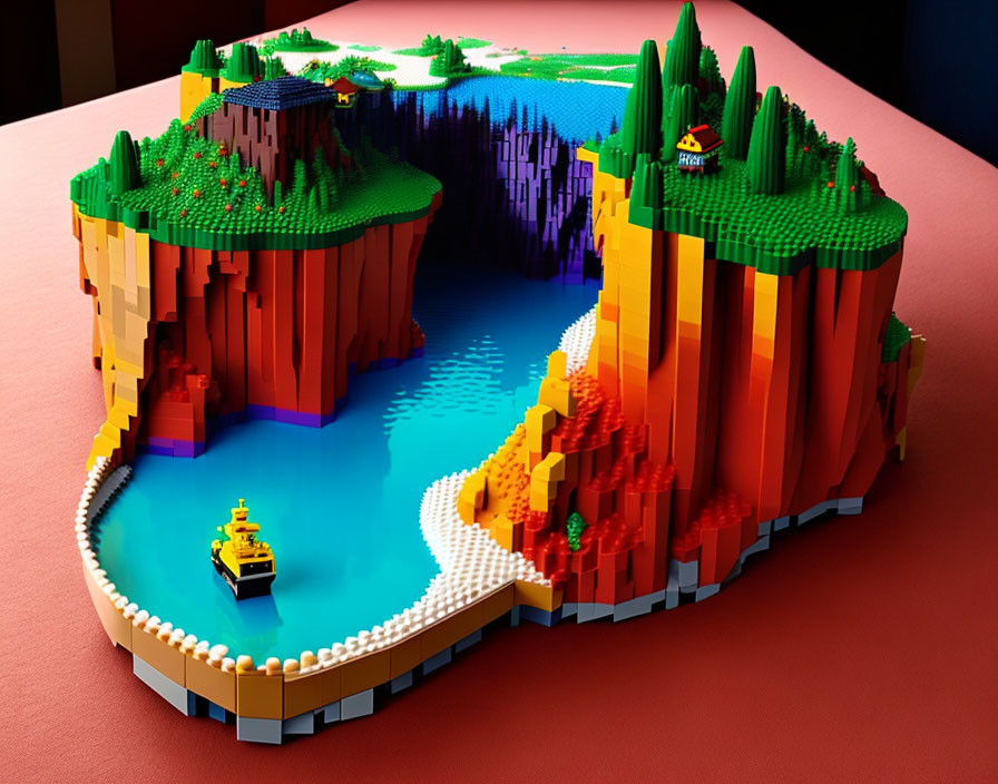 Colorful 3D Lego landscape with cliffs, waterfall, boat, and house