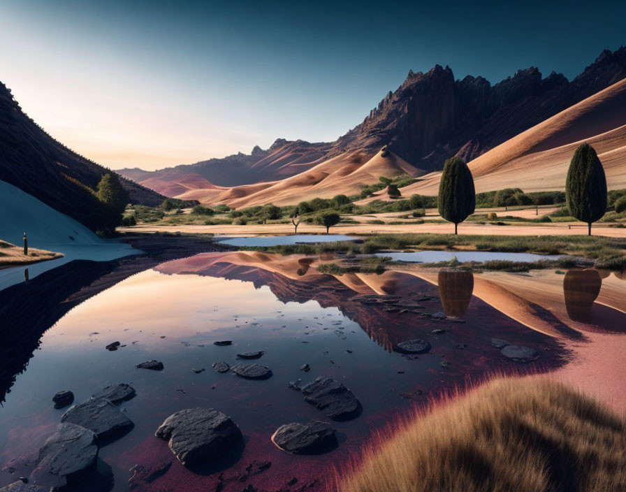 Scenic lake mirroring desert scenery at dusk