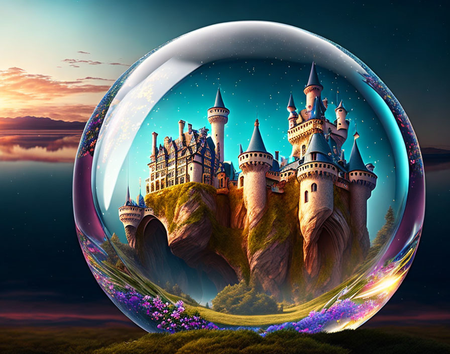 Fantastical castle with spires in bubble on cliff by surreal sunset sea