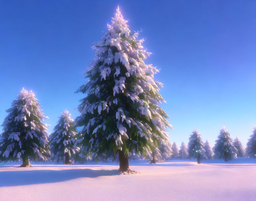 Winter Landscape: Snow-covered Pine Trees and Long Shadows